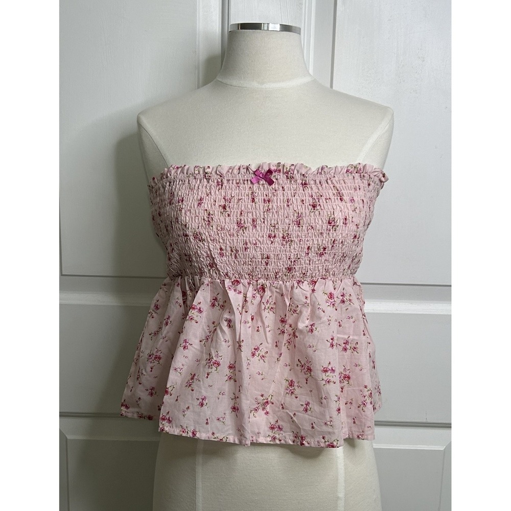 FOREVER 21 Tube Top Womens Medium Pink Floral Babydoll Smocked Strapless Cotton